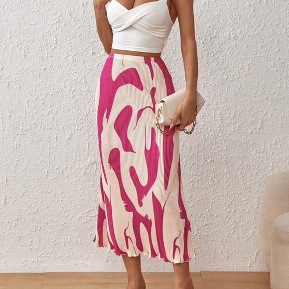 Women’s High Waist Graphic A Line Pleated Lettuce Trim Mermaid Hem Skirt *NEW* - Picture 3 of 6